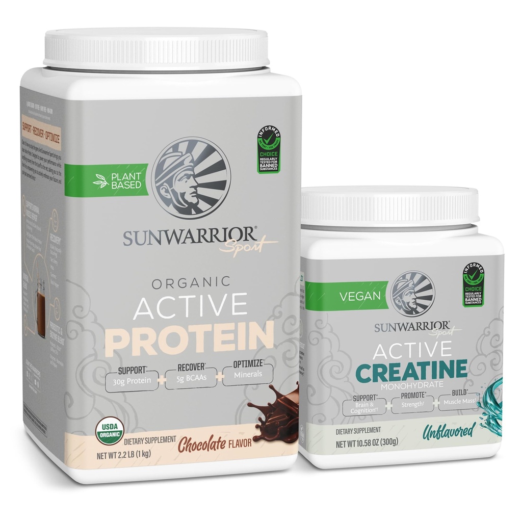 Sunwarrior Creatinin Powder & Vanilla Active Organic Protein Powder Set Buddy 124; Bundle & Save Buddy 124; Vegan Protein Plus Unflavored Creatinine Monohydrat (60 Serveringer Unflavored, 20 Serveringer Chokolade)