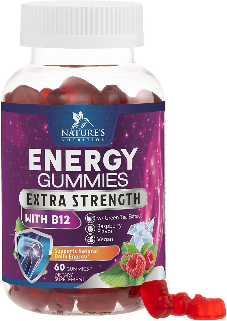 Energy Gummies 1000mcg - med vitamin B12, grøn te naturlig koffein støtte, Daglige energi Gummies - Lækker berry flavor B12 tyggetræning supplement til kører cykling & sport - 60 tykkere
