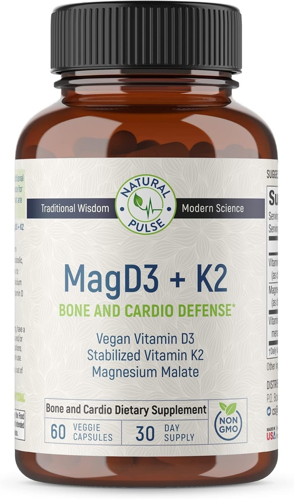 Magnesiummalat + Vegansk D3 + Stabiliseret vitamin K2, Komplet supporttilskud til cellulær energi, cardiovaskulær, immunforsvar og metabolisk sundhed & Knoglestyrke, 90 Veggie Caps