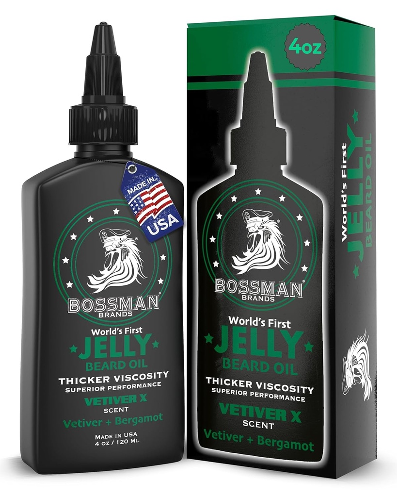 Bossman Jelly Beard Olie til mænd (4 oz, Vetiver X Duft) - Softens, Fugt & Betingelser med naturlige ingredienser