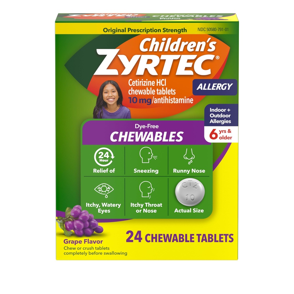 Zyrtec Children 's Dy- Free Chewables for 24 timers Allergy Relief, 10 mg Cetirizin Hydroklorid Antihistamin Tablets, Kids Allergy Medicine Relieves Nyse & Itchy Hals, Grape, 24 ct