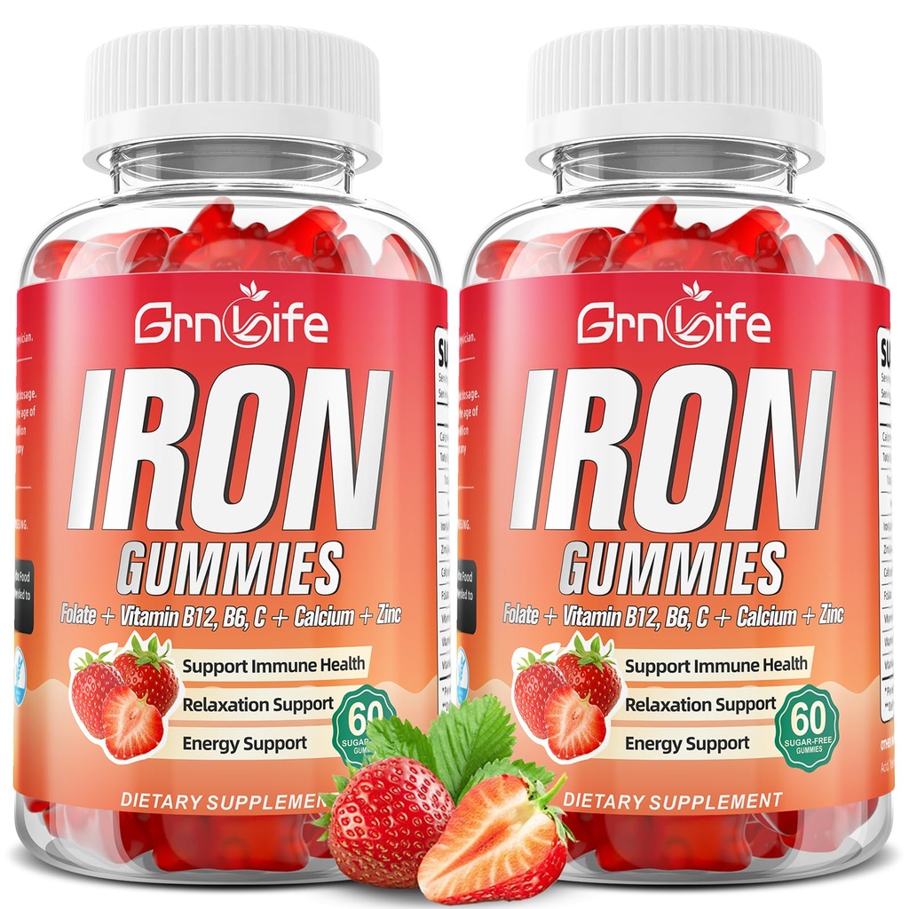 Jern gummier til kvinder, mænd & børn, sukker gratis jern supplement med calcium, zink, folde & vitamin B12, C, B6 - til blodbygning & energistøtte, anæmi, jordbær, 120 Greve