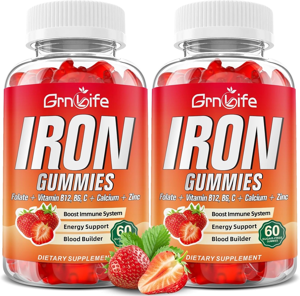 Jern gummier til kvinder, mænd & børn, sukker gratis jern supplement med calcium, zink, folde & vitamin B12, C, B6 - til blodbygning & energistøtte, anæmi, jordbær, 120 Greve