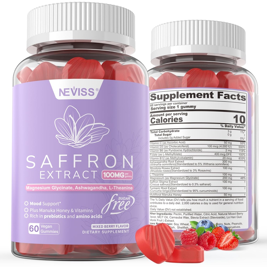 Saffron Kosttilskud Gummies 100mg - 100% Pure Saffron Extract with Magnesium Glycinate, L- Theanine, Gurkemeje, Ashwagandha, Honning & Vitamin B Complex for Mood & Power, Antioxidant, Vitality - 120 Greve
