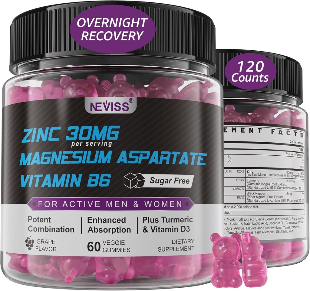 Zink og Magnesium supplement, Zink Magnesium Aspartat Post Workout Gummies for Mænd Kvinder, med B6-vitamin, B12, D3, Gurkemeje for Nighttime Inddrivelse, Reducere træthed, Boost Immunitet & Sleep, 120 Tæl