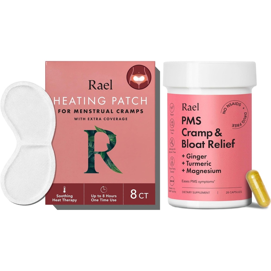 Rael Bundle - PMS supplement til kvinder (28 kapsler) & plantevarme patches (Stor, 8 greve)