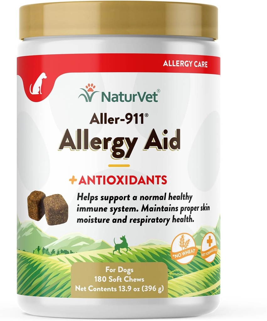 NaturVet Aller- 911 Advanced Allergy Aid for Dogs, Katte - Antioxidant- Rich Pet Supplement med Omegas, DHA, EPA - Hjælper support Dog Immunsystem, Kat Luftveje, Hud Fugt 180 Soft Chews
