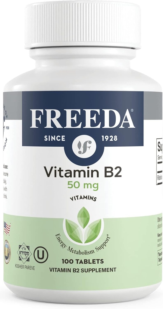 Freeda vitamin B2 Riboflavin 50mg - Energi & Nervesystemet Support - Kosher, Vegan, Gluten- Free B2 Supplement for Brain & Metabolisme - (100 Ct)