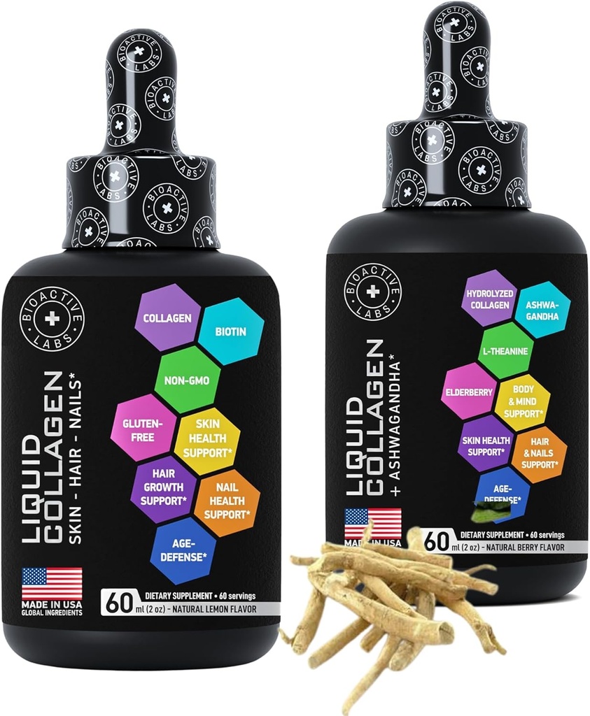 Flydende collagen med biotin og flydende collagen med Ashwagandha Forbedret collagen bundle til hårvækst, hudglød, negle