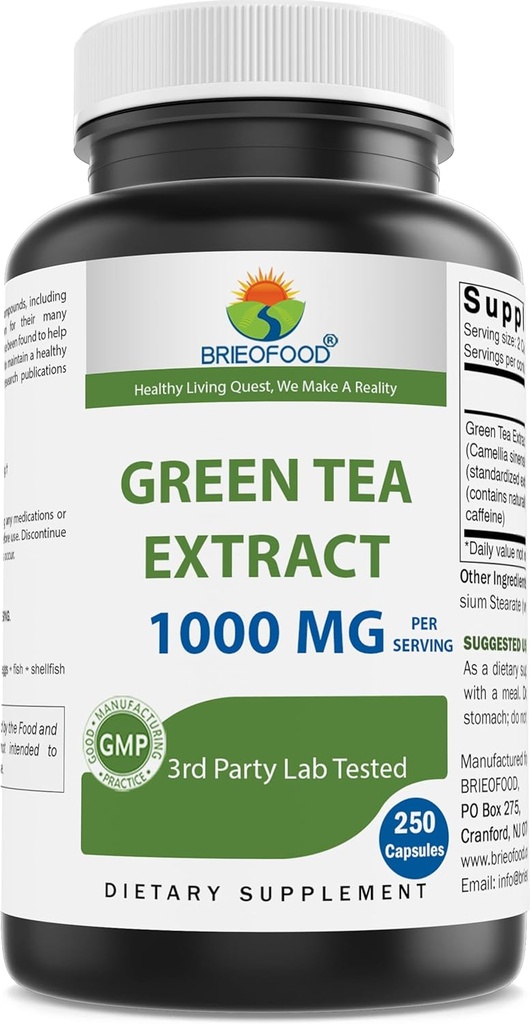 Brieofood Green Tea Extract 1000 mg per servering (min 50% polyphenoler) - 250 kapsler - 3. parts lab testet for renhed & kvalitet