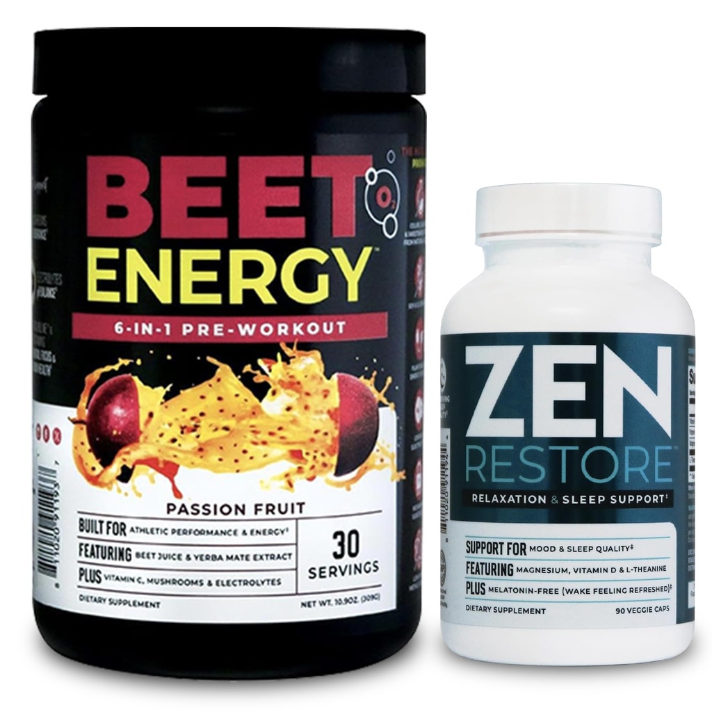 Nutrologi Beet Natural O2, Pre Workout Powder, Energy, Endurance & Nitric Oxide Booster med Beet Powder, Passion Fruit Flavor (30 Servere) Zen Natural Magnesium Supplement (30 Servere)