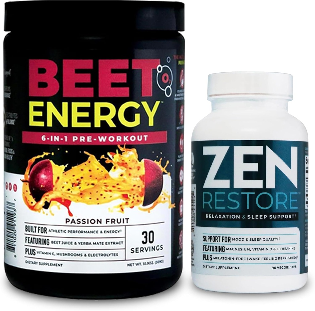 Nutrologi Beet Natural O2, Pre Workout Powder, Energy, Endurance & Nitric Oxide Booster med Beet Powder, Passion Fruit Flavor (30 Servere) Zen Natural Magnesium Supplement (30 Servere)