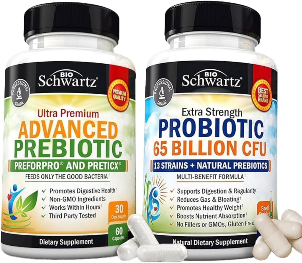 65 Millioner CFU Dagligt probiotisk supplement (1 måned Tilgang) Plus Avanceret Prebiotisk Gut Sundhedstillæg (1 måned Tilgang)