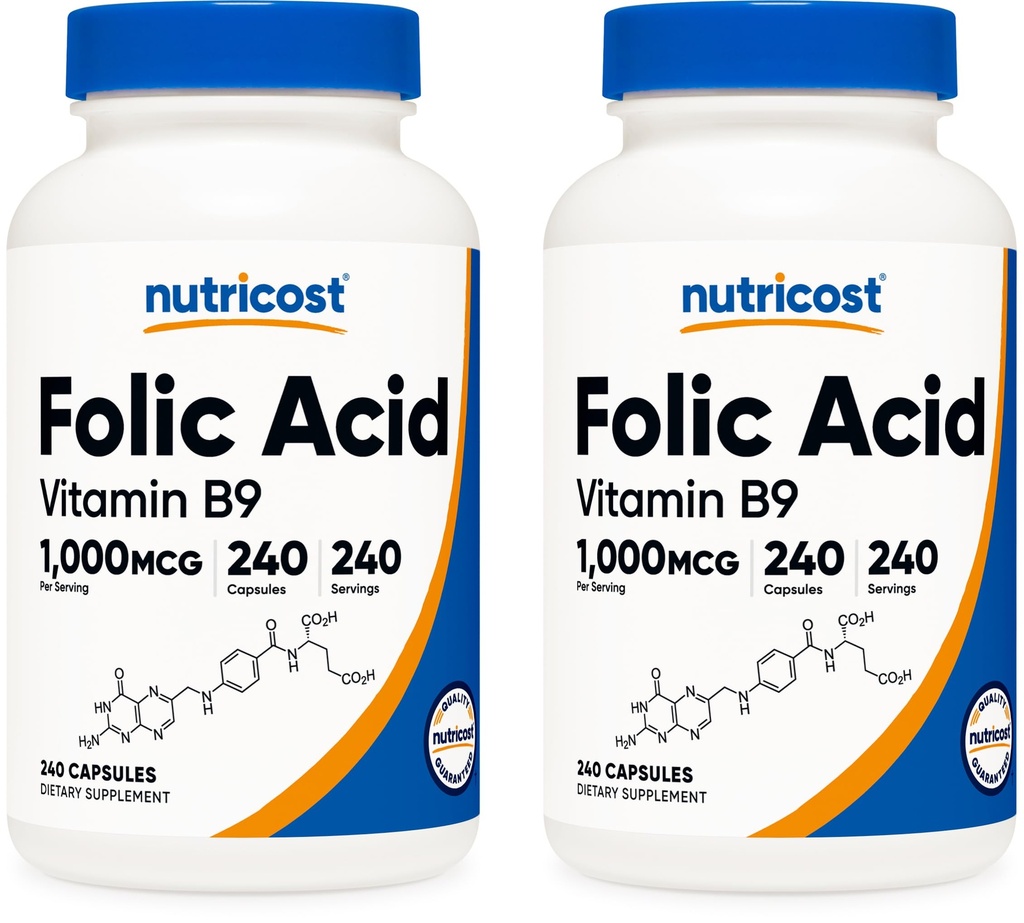 Nutricost folinsyre (vitamin B9) 1000 mcg, 240 kapsler (2 flasker)