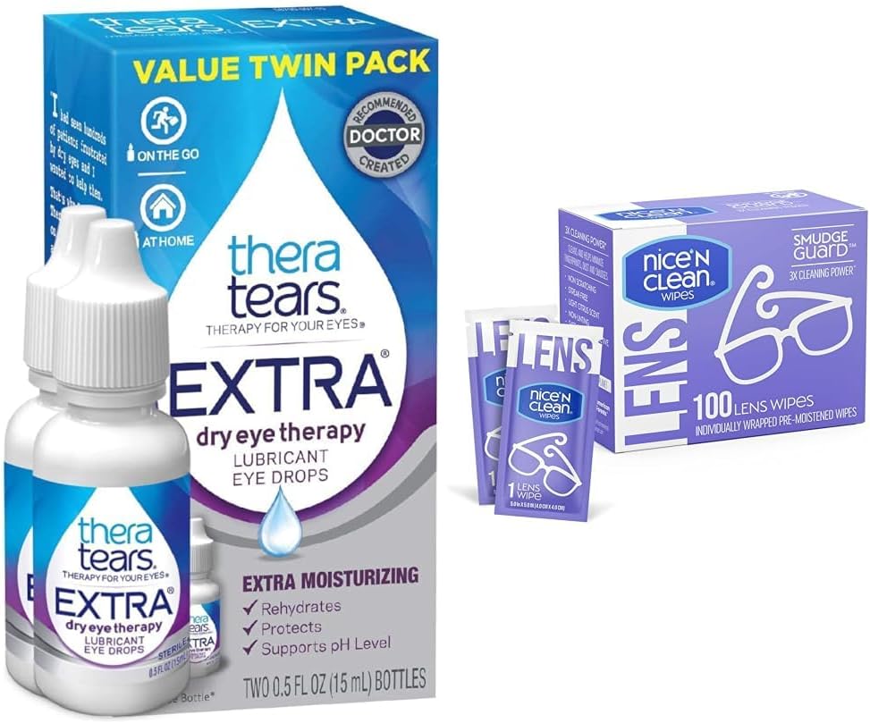 TheraTears Ekstra tørre øjendråber, 2 Greve & Nice 'n Clean 100 SmudgeGuard Lens Wipes Bundle