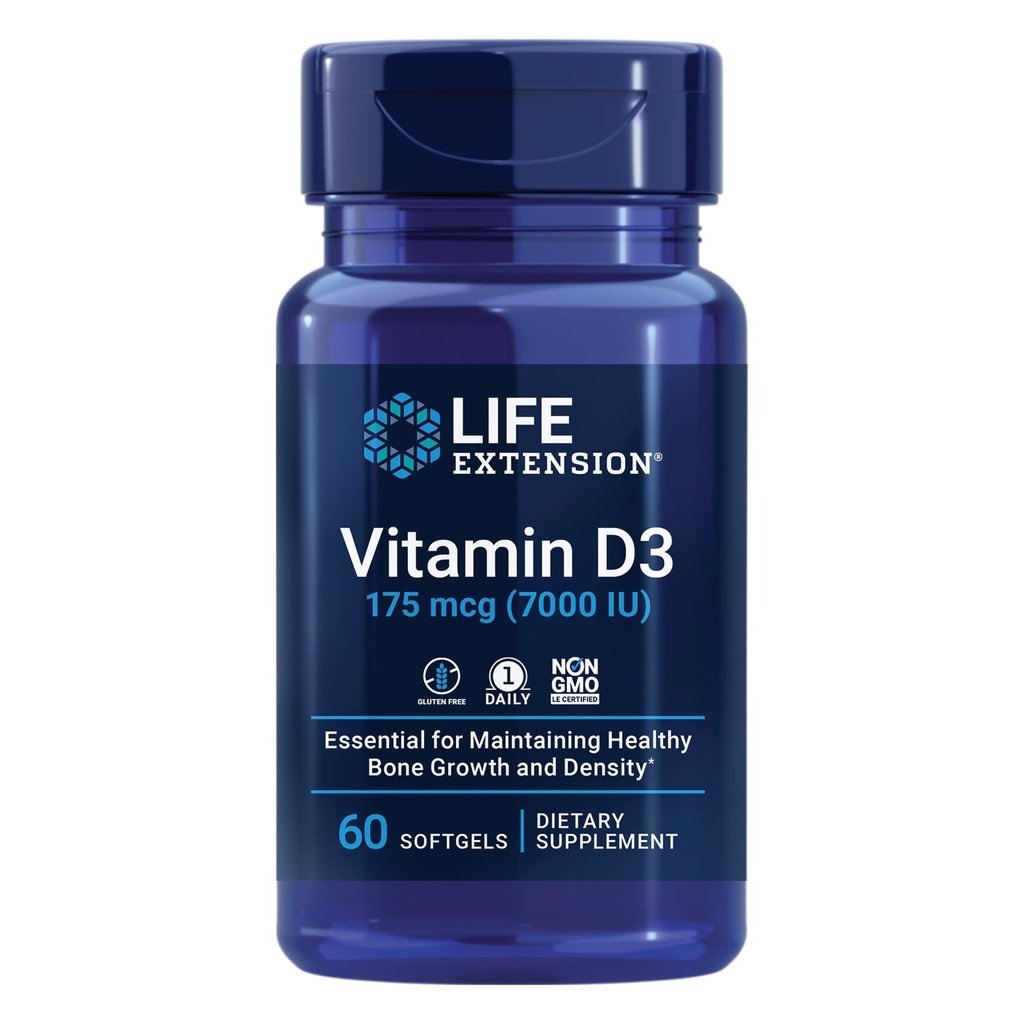 Life Extension Vitamin D3 175 mcg (7000 IE), Immunsystemet Support, Bone Health, Brain Performance, Gluten- Free, Non- GMO, Når dagligt, Two-Month Supply, 60 softels