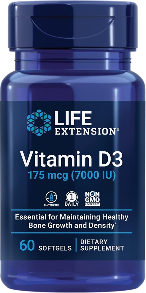 Life Extension Vitamin D3 175 mcg (7000 IU), Immune System Support, Bone Health, Brain Performance, Gluten-Free, Non-GMO, Once Daily, Two-Month Supply, 60 softgels