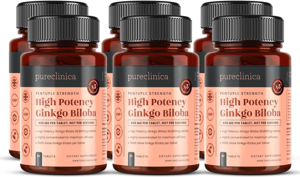pureclinica høj potens Ginkgo Biloba 30,000mg x 540 tabletter (6 flasker af 90) - 18 Måneder Tilgang - 5 gange styrken af konkurrerende produkter