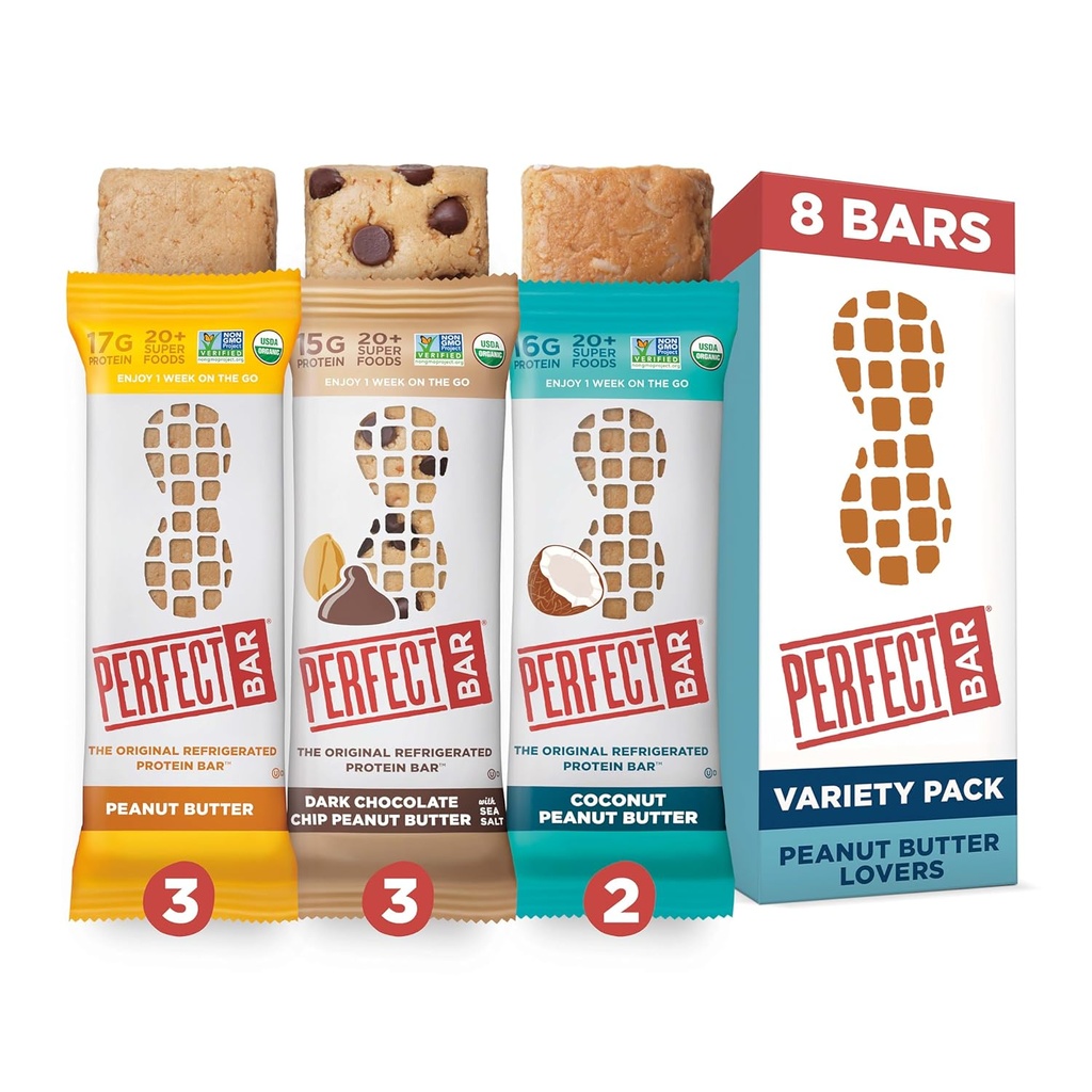 Perfect Bar Original køleskab Protein Bar, Peanut Butter Lover 's Variety Bundle, 2,2 - 2,5 Ounce Bar, 8 Greve