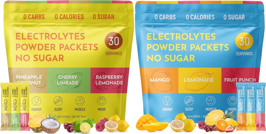 Keto Vitals Tropical & Original Assorted 2 Pack Bundle Electrolyte Powder Bundle - Variety Pack of Tropical and Original Flavors - 124; Sugar Free, Zero Calorie, Zero Carb - 124; Easy Travel Stick Packs - 124; Ket