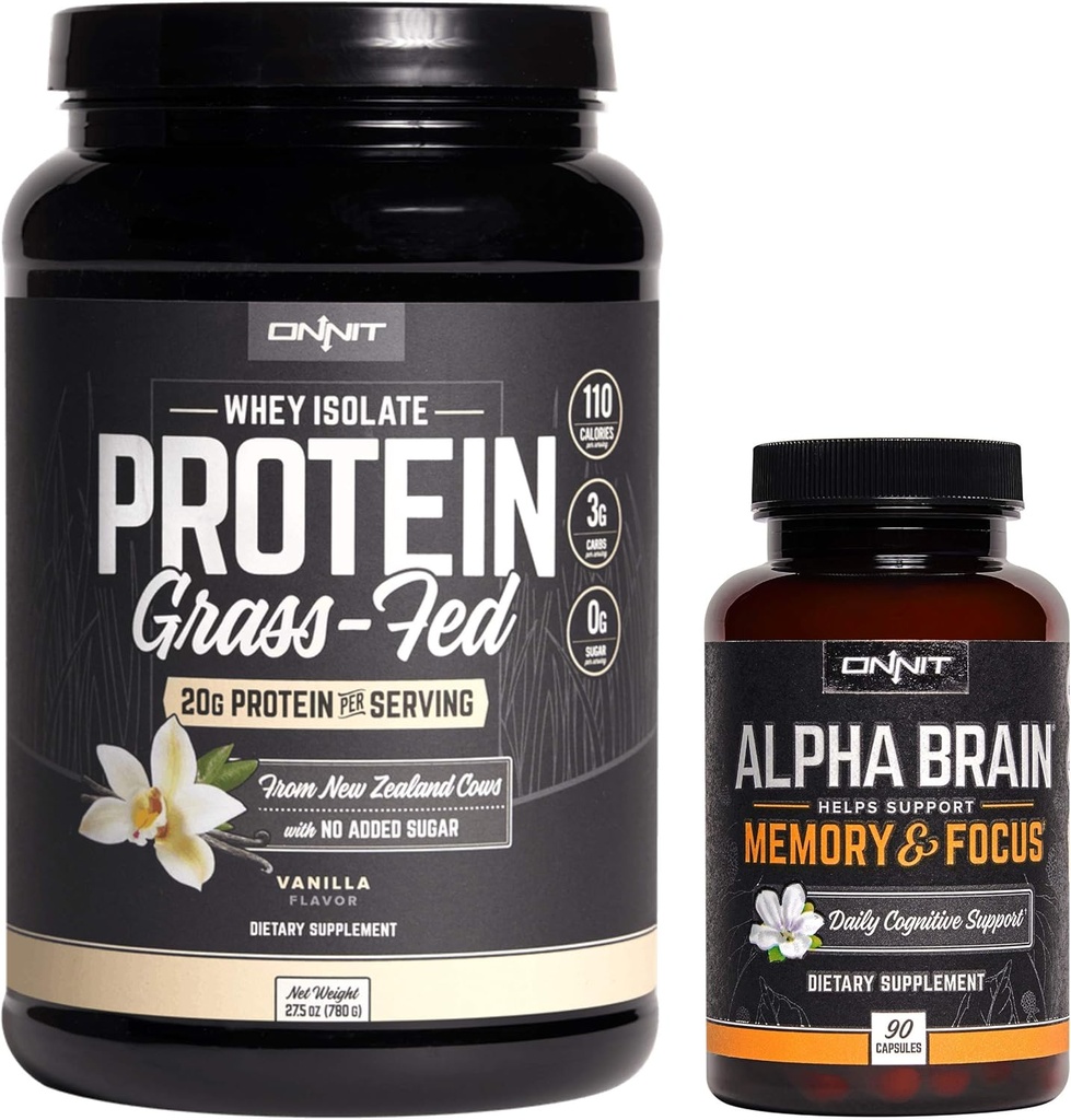 ONNIT Nootrop + Sports Nutrition Stack - Alpha Brain (90ct) + Græs Fed Whey Protein (Vanilla)