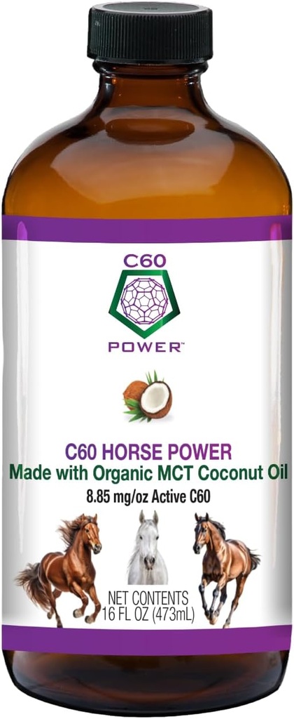C60 Horse Power - C60 i Organic MCT Coconut Oil, Natural Wellness Support for Heste, 99,99% Pure Carbon Fullerenes, fremmer sund aldring, energi og mobilitet - 16 fl oz Flaske
