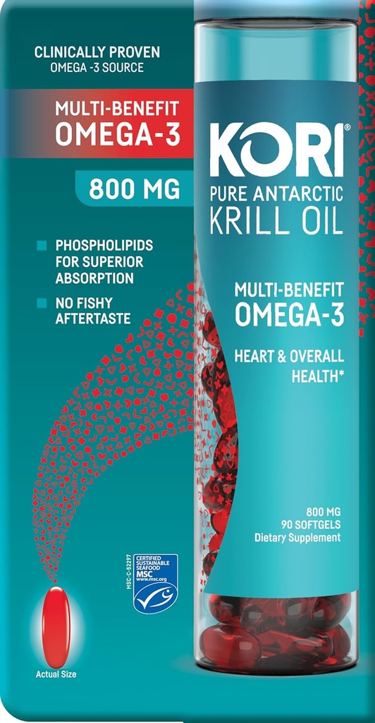 Kori Krill Antarktis Krill Oil Omega 3 Supplement, EPA & DHA, med Superior Absorption vs. Fish Oil, 800 mg, 90 softgel