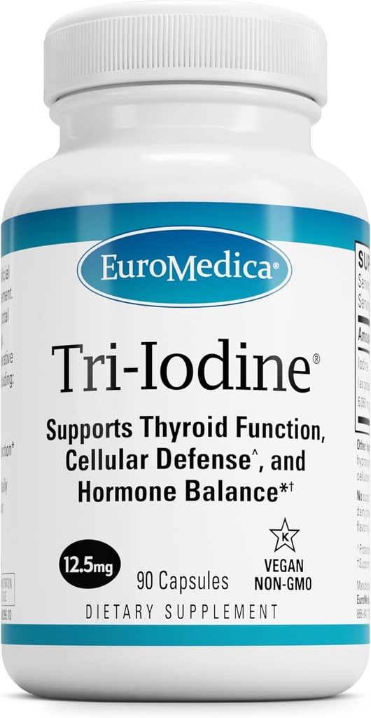 EuroMedica Tri- Jod - Support Thyroid Sundhed - Aids Hormone Balance med Molecular Jod fra Kelp - funktioner Kalium Iodide & Natriumiodide - Brain & Energy Support - 12.5mg, 90 Kapsler