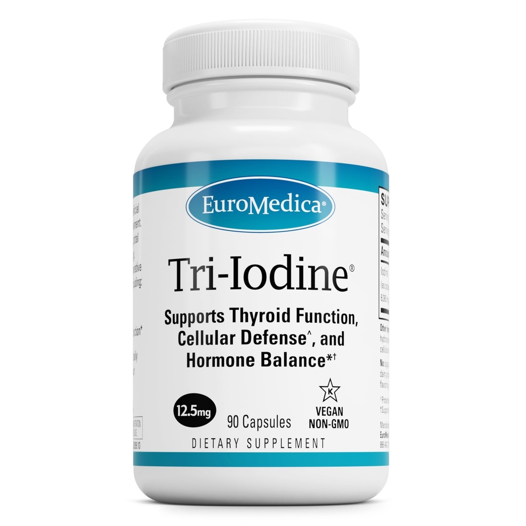 EuroMedica Tri- Jod - Support Thyroid Sundhed - Aids Hormone Balance med Molecular Jod fra Kelp - funktioner Kalium Iodide & Natriumiodide - Brain & Energy Support - 12.5mg, 90 Kapsler