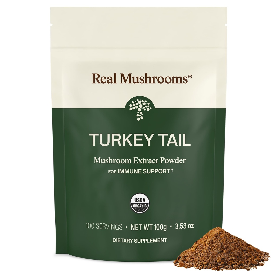 Real Mushrooms Tyrkiet Tail Mushroom Powder - Økologisk Tyrkiet Tail Uddrag fra - for Wellness, Gut Harmony, & Energy Support - Vegan, Non- GMO, Ingen Fillers - 100 Servere Functional Mushroom Supplement