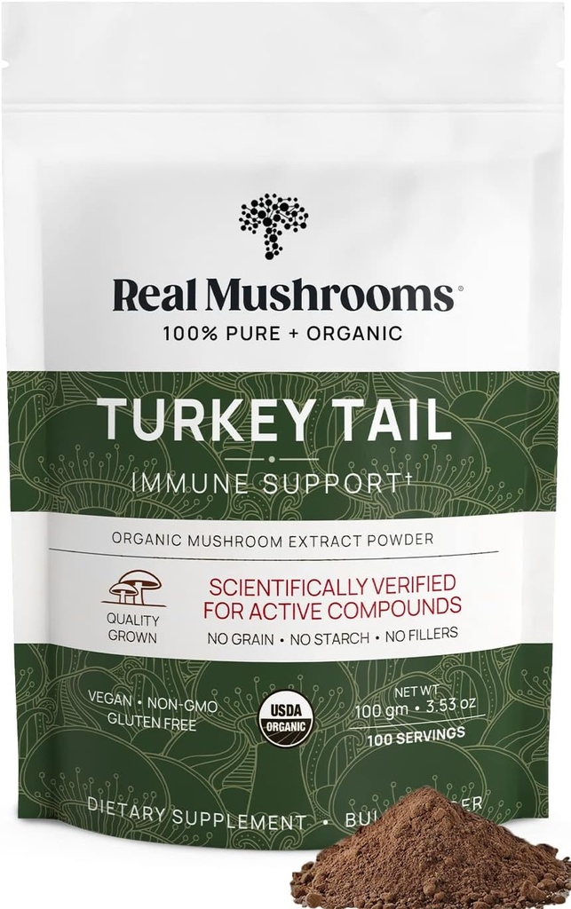 Real Mushrooms Tyrkiet Tail Mushroom Powder - Økologisk Tyrkiet Tail Uddrag fra - for Wellness, Gut Harmony, & Energy Support - Vegan, Non- GMO, Ingen Fillers - 100 Servere Functional Mushroom Supplement