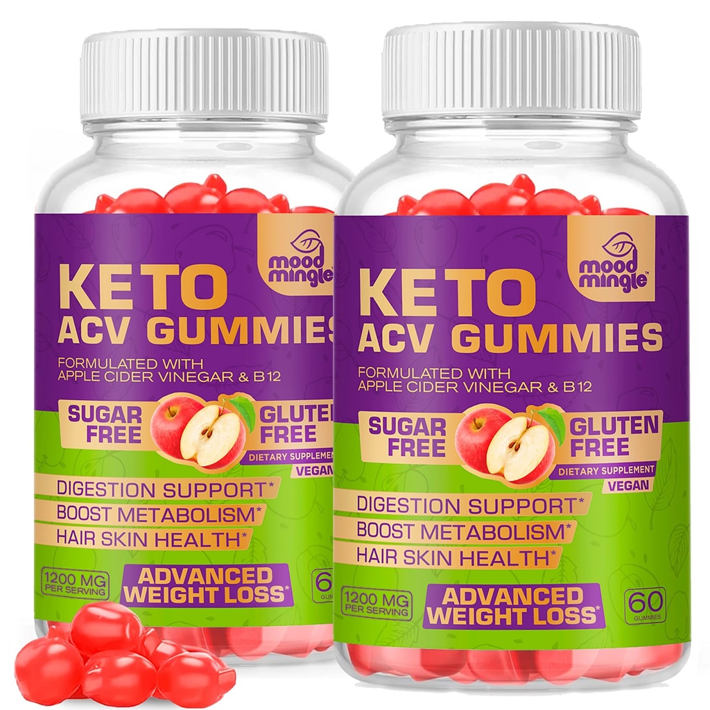 Keto ACV Gummies Gluten & Sugar- Free Apple Cider Vincious Gummies for Advanced Weight Loss - Rapid Fat Burner Diet Supplement for Mænd - 60 Gummies (1000MG) (2-Pack)