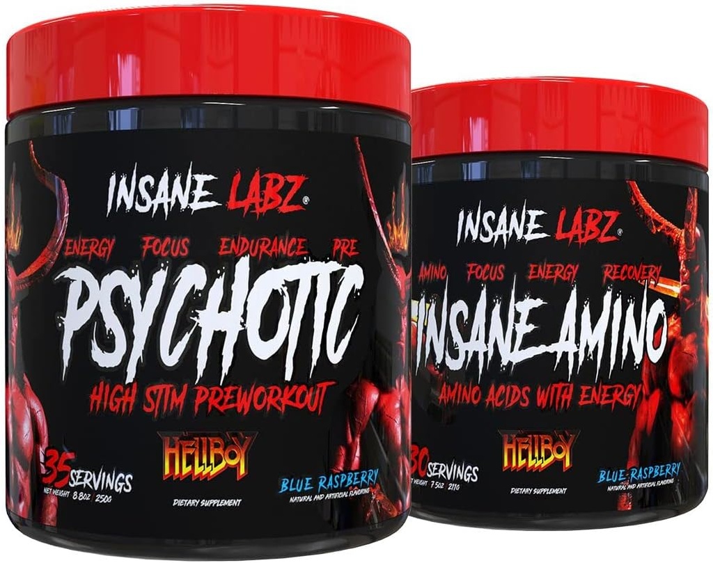 Insane Labz Hellboy Bundle, psykotisk Hellboy Pre Workout og Insane Amino BCAA, øge muskelmasse, styrke, fokus og inddrivelse tid, Blå Hindbær