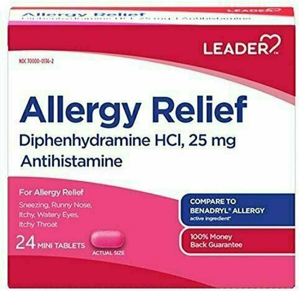 Leader Antihistamin Allergi Relief Diphenhydramin HCl, 25mg Mini Tablets, 24 Count