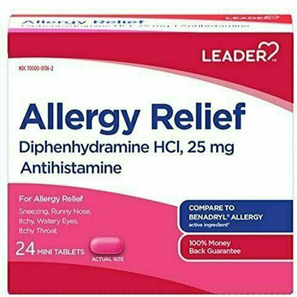 Leader Antihistamin Allergi Relief Diphenhydramin HCl, 25mg Mini Tablets, 24 Count