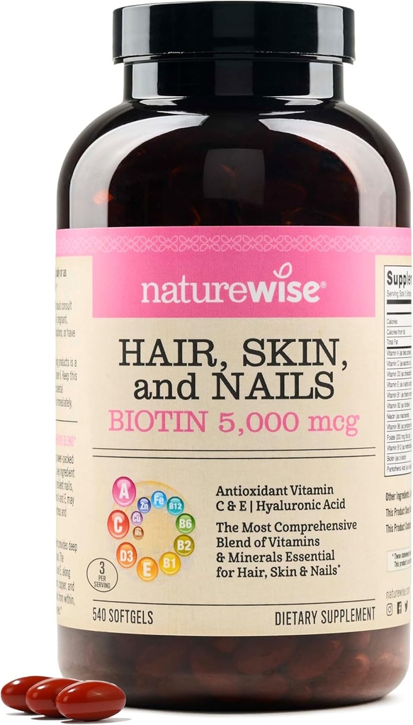 NatureWise hår hud og negle Vitamin, Biotin 5000mcg w / Hyaluronsyre, Collagen for kvinder med C, B Complex, D3, A, E, Jern - Non- GMO, Gluten Free - 540 Softgels [6-måned Supply]
