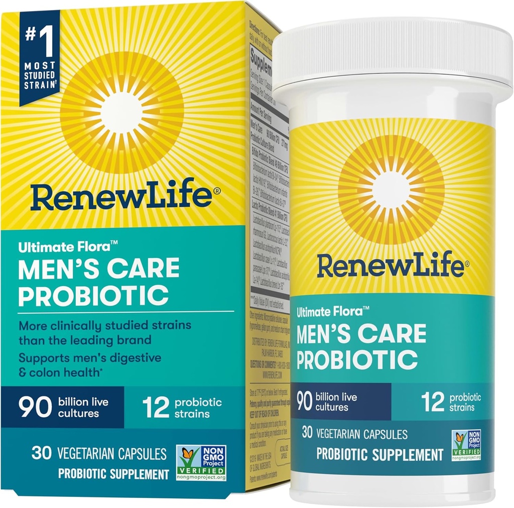 Renew Life Mænd pleje Probiotiske kapsler, Understøtter Herre fordøjelsesbesvær, Colon, immunforsvar og luftvejssygdomme, L. Rhamnosus GG, Dairy, Soy og gluten- fri, 90 Millioner CFU, 30 Greve