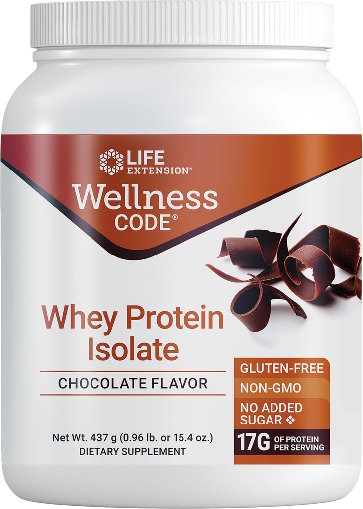 Life Extension Wellness Code ® Whey Protein Isolate (Chocolate), Protein og brandet- Chain Aminosyrer til muskelvækst & immunforsvar, ingen sukker tilsat, Gluten Free, Non- GMO, 437 Bedste, 20 Servere