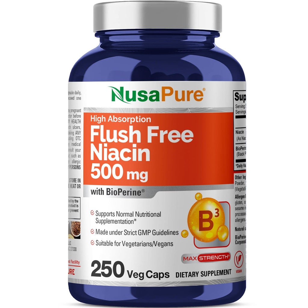 NusaPure Flush Free Niacin 500mg 250 caps (Vegan, non- GMO & Vegan) Bioperine
