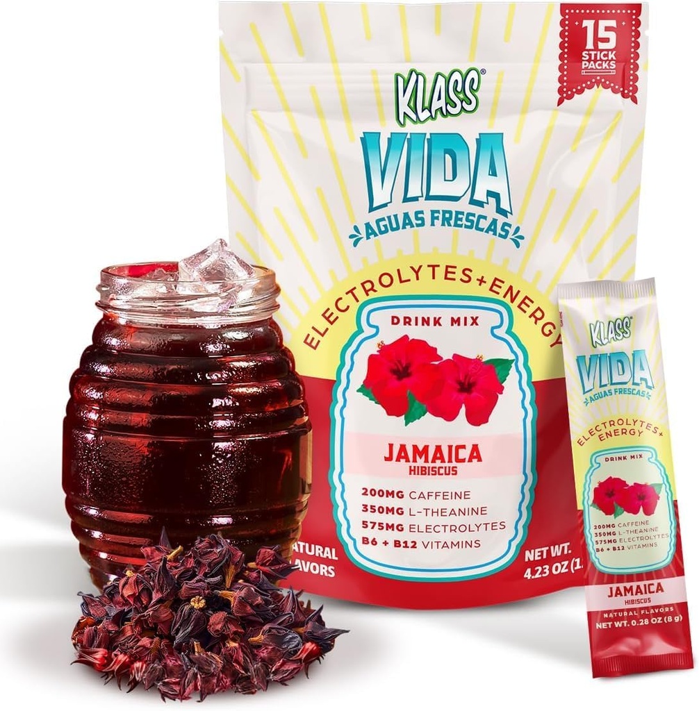 Hydration + Energy Electrolyte Drink Mix - Hibiscus Agua Fresca Flavor 124; sukkerfrit pulver med koffein, L- Theanine, kokosolie vand & mineraler