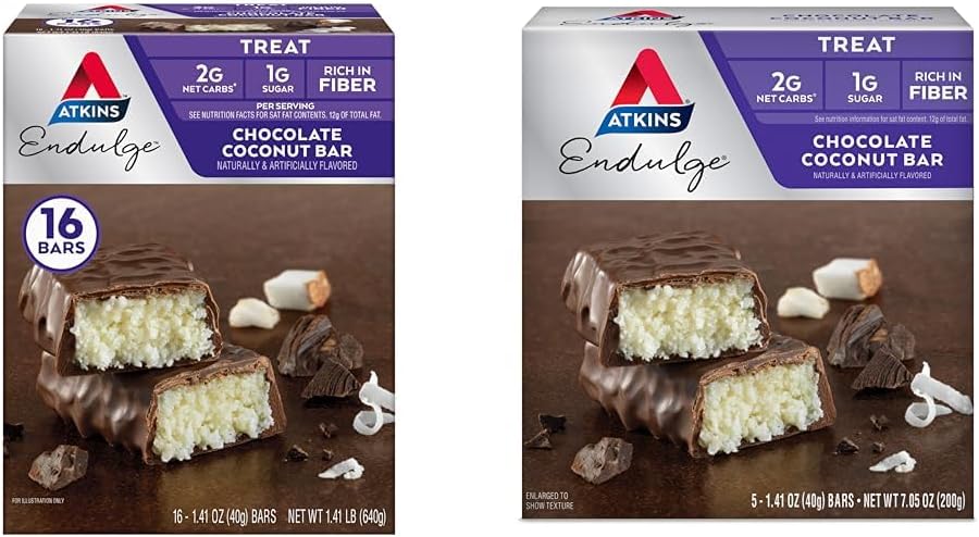 Atkins Endulge Chokolade Coconut Bar 16 Grev & 5 Greve Bundles, Dessert Favorite med chokolade og kokos flavors, Høj i Fiber, 1g sukker pr Servering