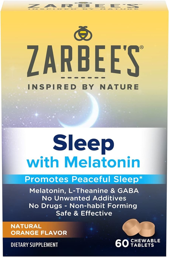 Zarbee 's Melatonin 5mg, L- Theanin + GABA Sleep Supplement til fremme af fredelig søvn, Natural Orange Flavor, tyggetabletter til voksne 12 år Op, 60 Greve