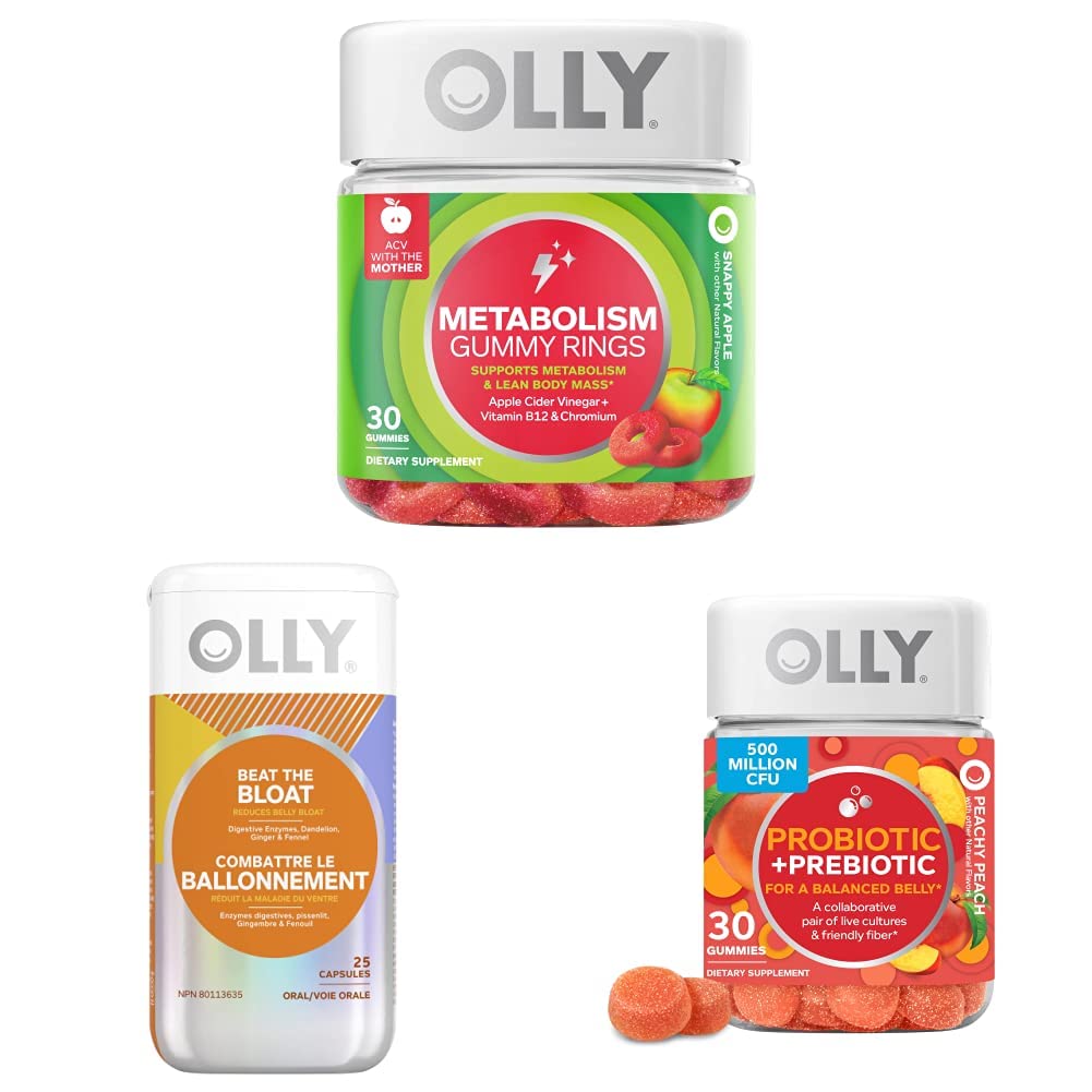 OLLY Metabolisme Gummy Ringe, Apple Cider Vingium, B12 Vitamin, Chrom, Energi og fordøjelsessygdomme Chewable Supplement (30 Tæl) og OLLY Beat Bloat Kapsler, fordøjelsesstøtte Enzymer, Supplement for kvinder (25 Tæl)