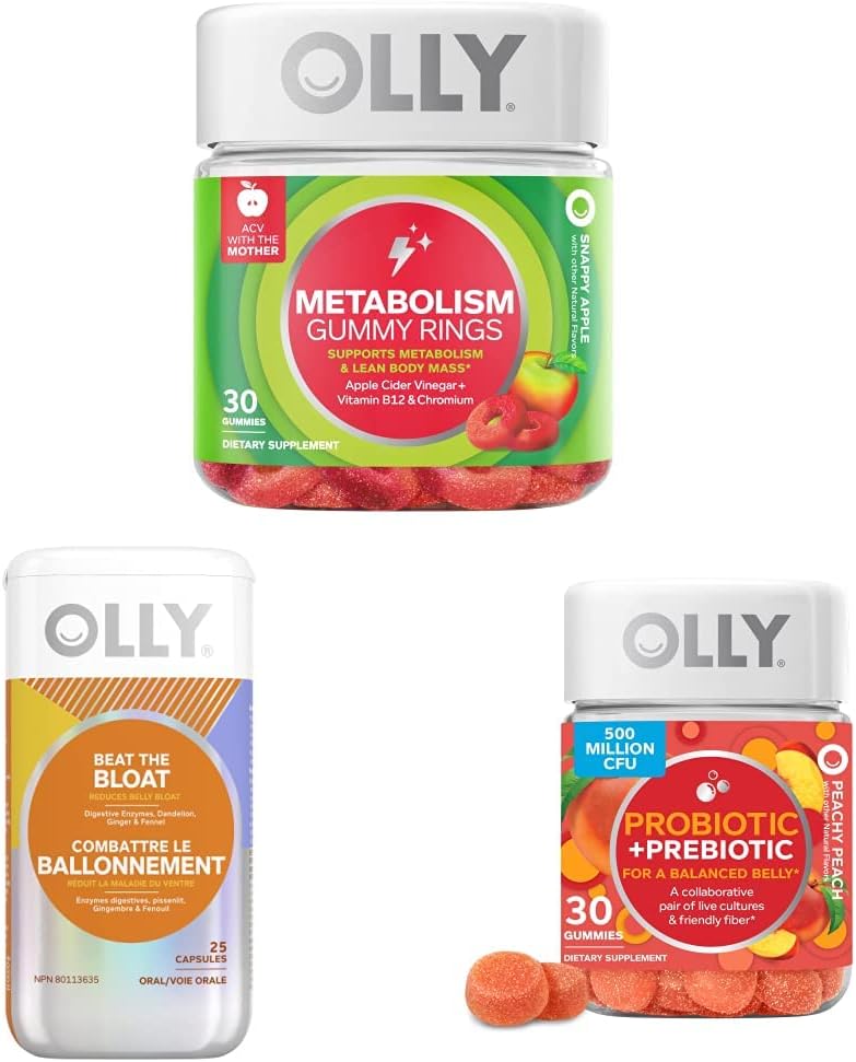OLLY Metabolisme Gummy Ringe, Apple Cider Vingium, B12 Vitamin, Chrom, Energi og fordøjelsessygdomme Chewable Supplement (30 Tæl) og OLLY Beat Bloat Kapsler, fordøjelsesstøtte Enzymer, Supplement for kvinder (25 Tæl)