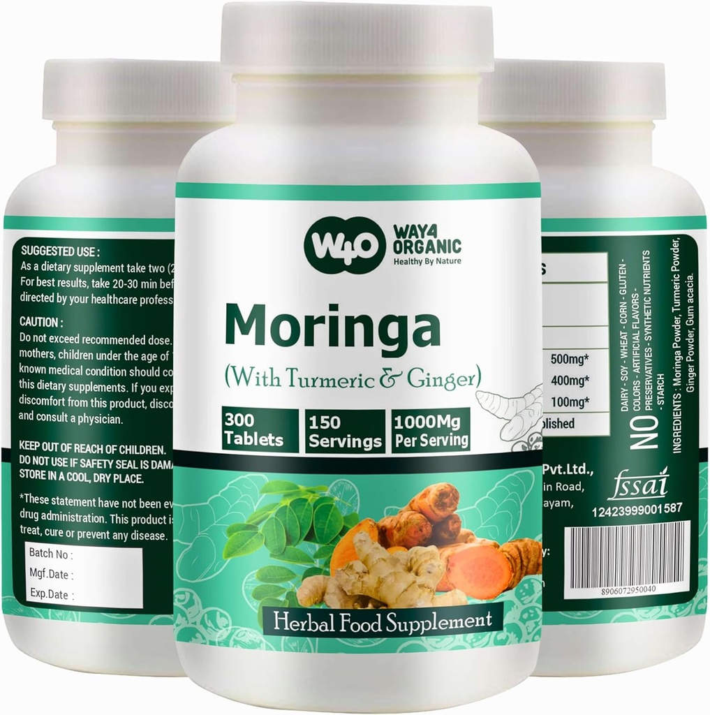 Moringa Tablets with Turmeric and Ginger, 300 Pills, 5 Month Supply, 150 Serving, 1000 Mg per Serving. One Capsule with Multiple Benefits - Supports Digestive Health(Pack of 1)