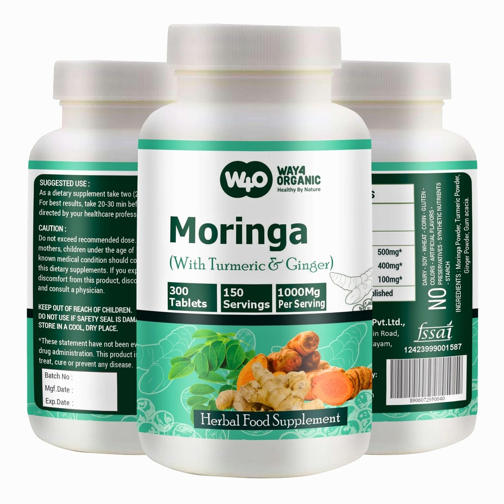 Moringa tabletter med gurkemeje og ingefær, 300 piller, 5 måneders forsyning, 150 servering, 1000 Mg per servering. En kapsel med flere fordele - understøtter fordøjelsessygdomme (pakke med 1)