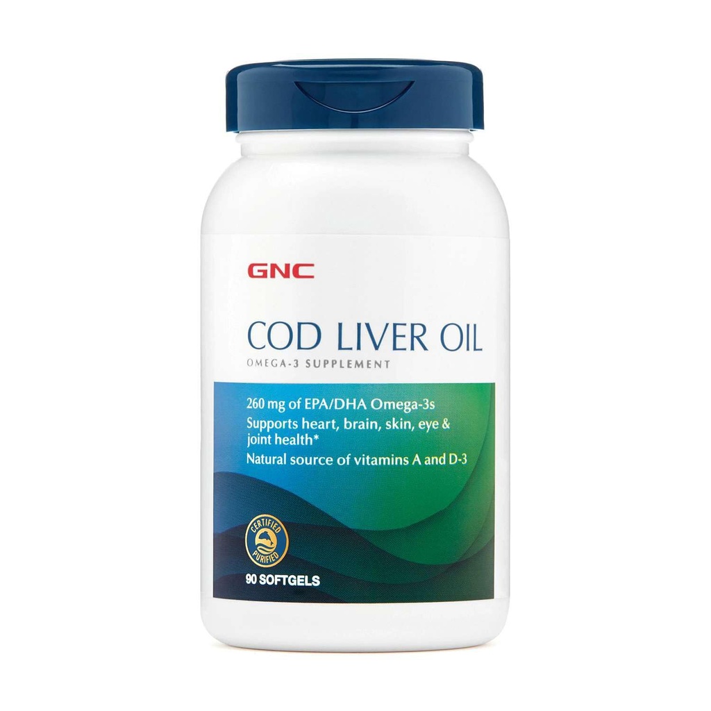 GNC Cod lever Oil Omega 3 tillæg, 260mg EPA og DHA, understøtter hjerte, hjerne, hud, øje og fælles sundhed, 90 Softgels