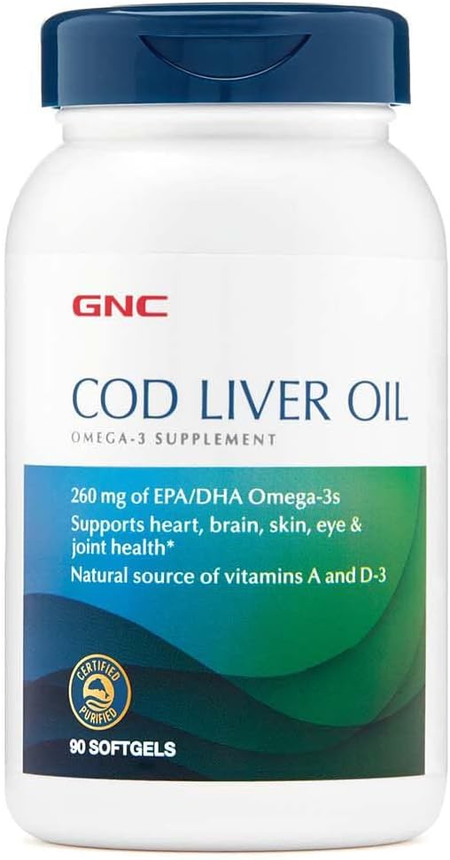 GNC Cod lever Oil Omega 3 tillæg, 260mg EPA og DHA, understøtter hjerte, hjerne, hud, øje og fælles sundhed, 90 Softgels