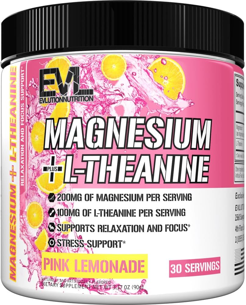 Evolution Nutrition Magnesium + L- Theanin - Natural Afslapning & Focus Support - 200mg Magnesium + 100mg L- Theanine - Vegan & Non- GMO - Powder Kosttilskud - 30 Servering - Pink Lemonade