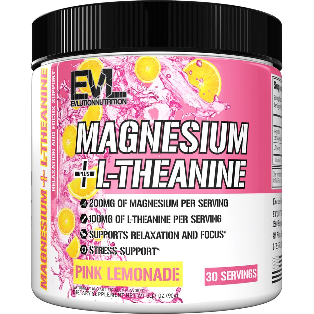 Evolution Nutrition Magnesium + L- Theanin - Natural Afslapning & Focus Support - 200mg Magnesium + 100mg L- Theanine - Vegan & Non- GMO - Powder Kosttilskud - 30 Servering - Pink Lemonade